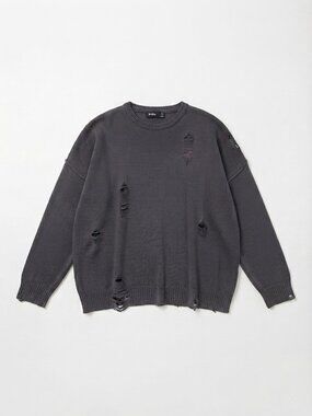BERSHKA -  Charcoal Gray Distressed Oversized Knit Sweater – Size Large